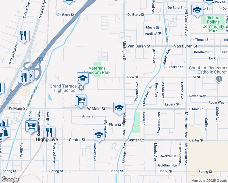 map of restaurants, bars, coffee shops, grocery stores, and more near 22035 Tanager Street in Grand Terrace