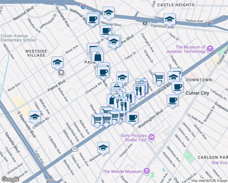 map of restaurants, bars, coffee shops, grocery stores, and more near 3688 Overland Avenue in Los Angeles