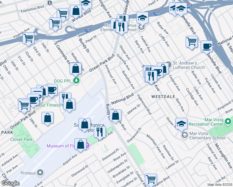 map of restaurants, bars, coffee shops, grocery stores, and more near 12046 Clarkson Road in Los Angeles