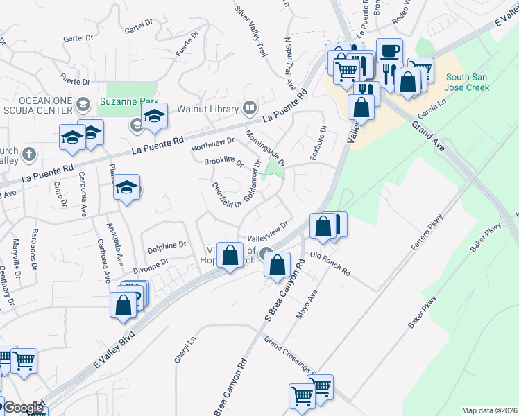 map of restaurants, bars, coffee shops, grocery stores, and more near 21190 John Irwin Drive in Walnut