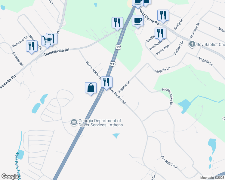 map of restaurants, bars, coffee shops, grocery stores, and more near 552 Harve Mathis Road in Athens