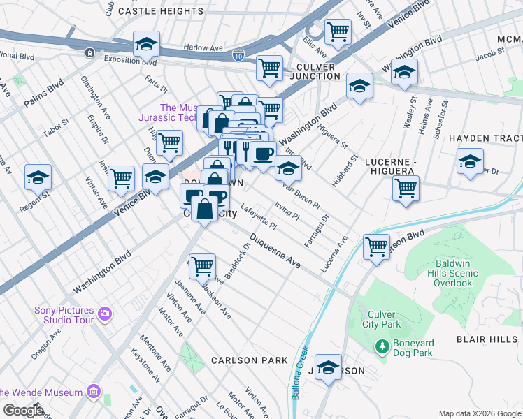 map of restaurants, bars, coffee shops, grocery stores, and more near 4070 Lafayette Place in Culver City