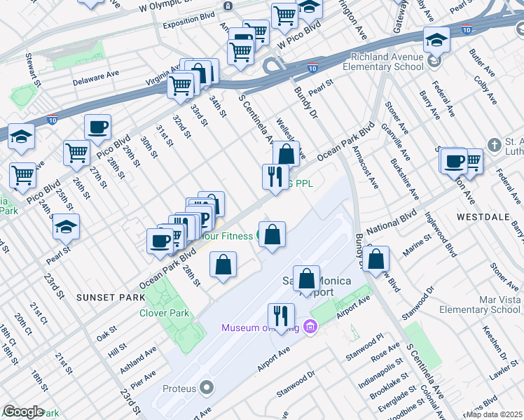 map of restaurants, bars, coffee shops, grocery stores, and more near 3320 Ocean Park Boulevard in Santa Monica