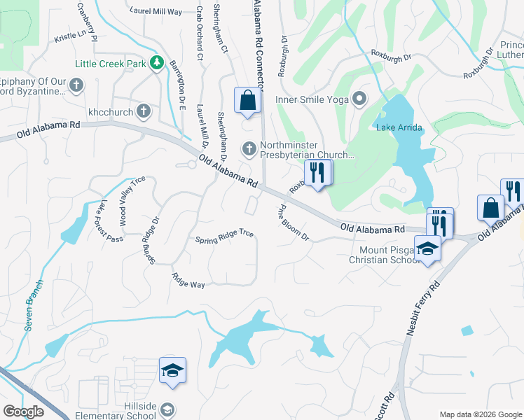 map of restaurants, bars, coffee shops, grocery stores, and more near 1300 Atherton Park in Roswell