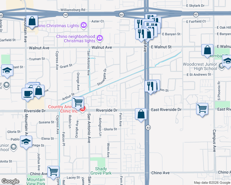 map of restaurants, bars, coffee shops, grocery stores, and more near 6840 Corybus Street in Chino