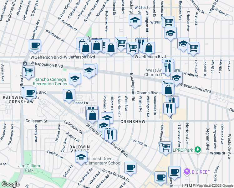 map of restaurants, bars, coffee shops, grocery stores, and more near 3603 South Muirfield Road in Los Angeles