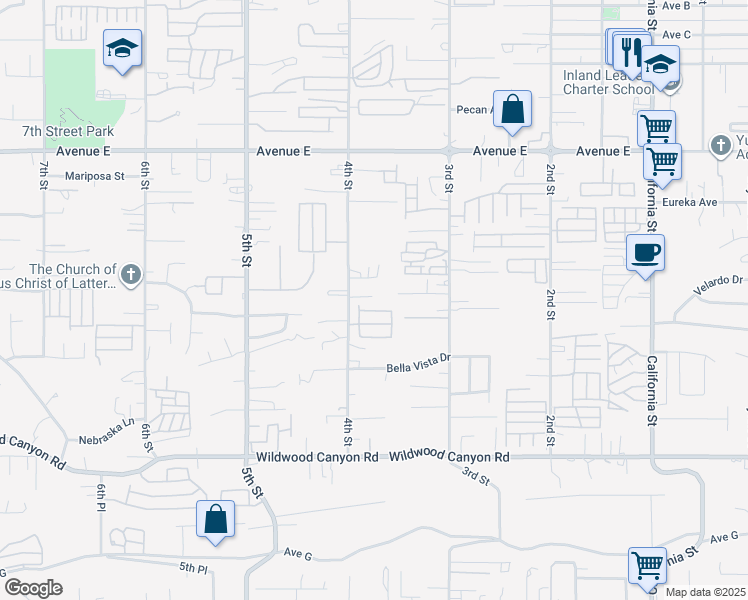 map of restaurants, bars, coffee shops, grocery stores, and more near Kelly Lane in Yucaipa