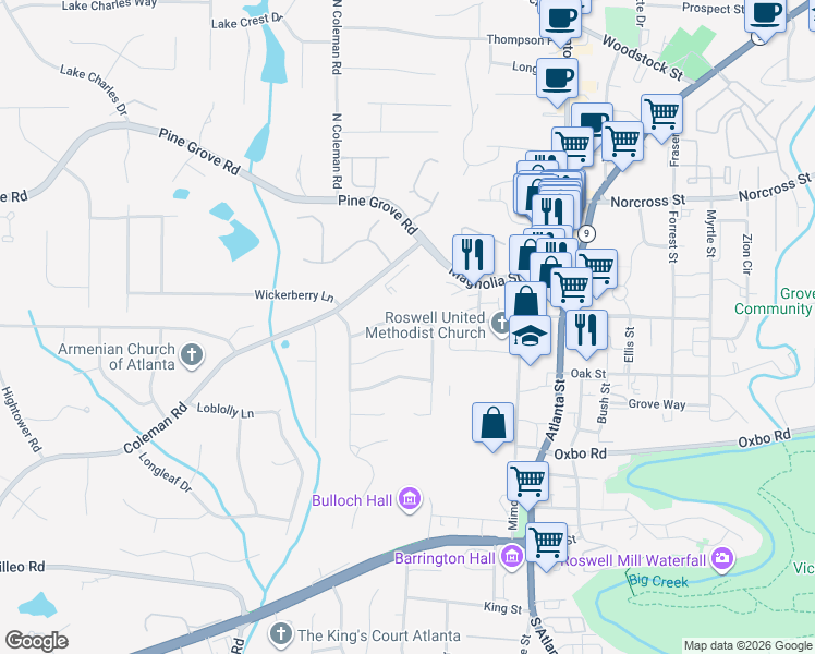 map of restaurants, bars, coffee shops, grocery stores, and more near 315 Roswell Farms Road in Roswell