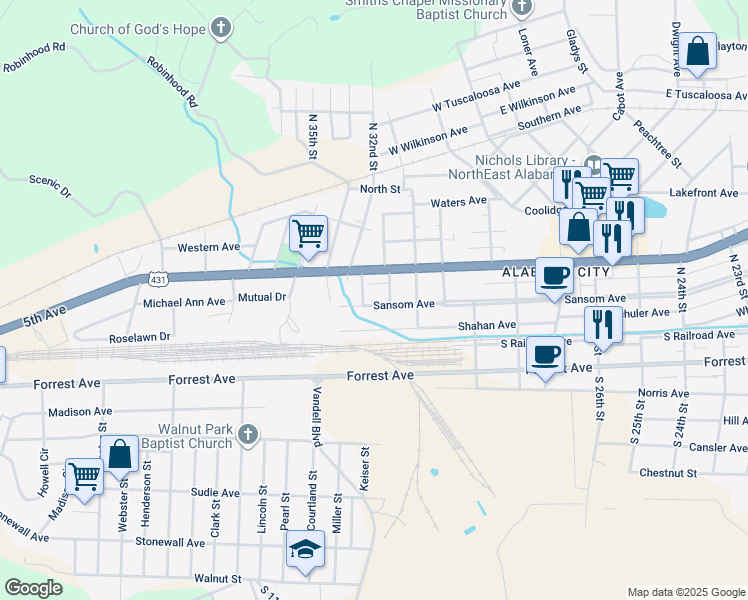 map of restaurants, bars, coffee shops, grocery stores, and more near 3107 Sansom Avenue in Gadsden