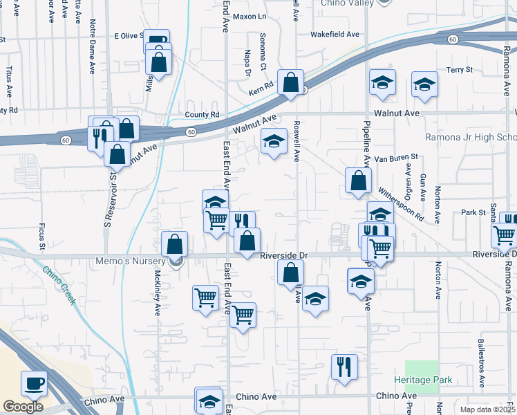 map of restaurants, bars, coffee shops, grocery stores, and more near 3778 Pilgrims Way in Chino