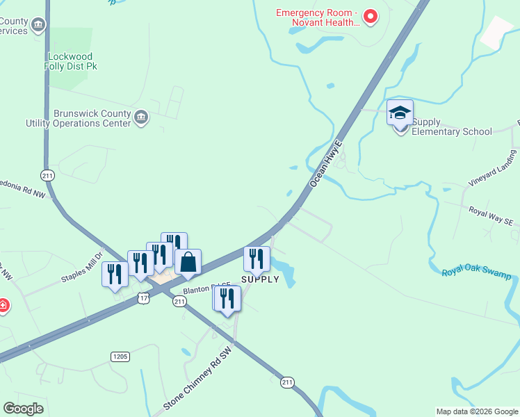 map of restaurants, bars, coffee shops, grocery stores, and more near 50 Junction Way Northeast in Brunswick County
