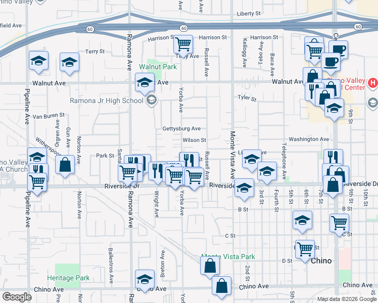 map of restaurants, bars, coffee shops, grocery stores, and more near 12769 Yorba Avenue in Chino