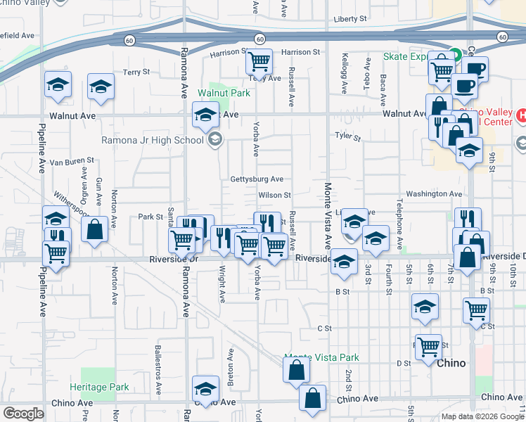 map of restaurants, bars, coffee shops, grocery stores, and more near 12769 Yorba Avenue in Chino