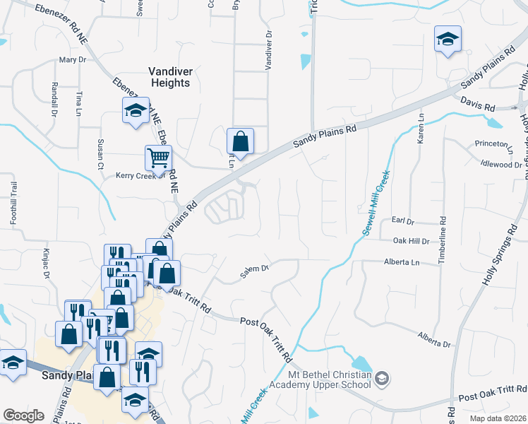 map of restaurants, bars, coffee shops, grocery stores, and more near 2734 Harper Woods Drive in Marietta