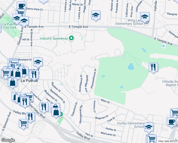 map of restaurants, bars, coffee shops, grocery stores, and more near 138 Banbridge Avenue in La Puente