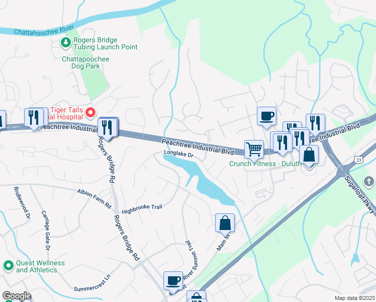 map of restaurants, bars, coffee shops, grocery stores, and more near 3975 Longlake Drive in Duluth