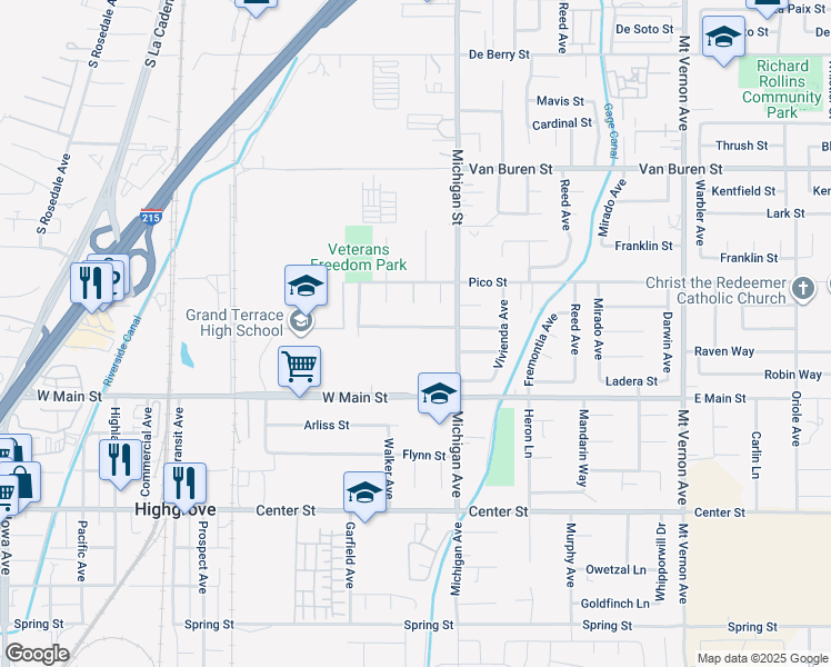 map of restaurants, bars, coffee shops, grocery stores, and more near 22025 Tanager Street in Grand Terrace