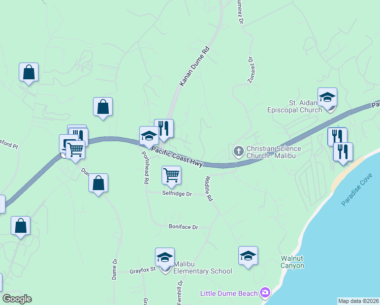 map of restaurants, bars, coffee shops, grocery stores, and more near 28908 Wight Road in Malibu