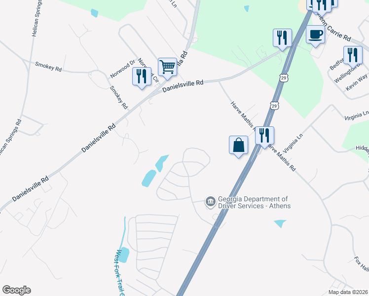 map of restaurants, bars, coffee shops, grocery stores, and more near 741 Harve Mathis Road in Athens