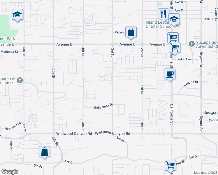 map of restaurants, bars, coffee shops, grocery stores, and more near 34675 Kelly Lane in Yucaipa