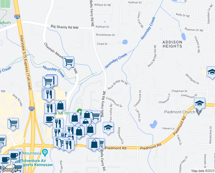map of restaurants, bars, coffee shops, grocery stores, and more near 2801 Rock Bridge Road Northeast in Marietta