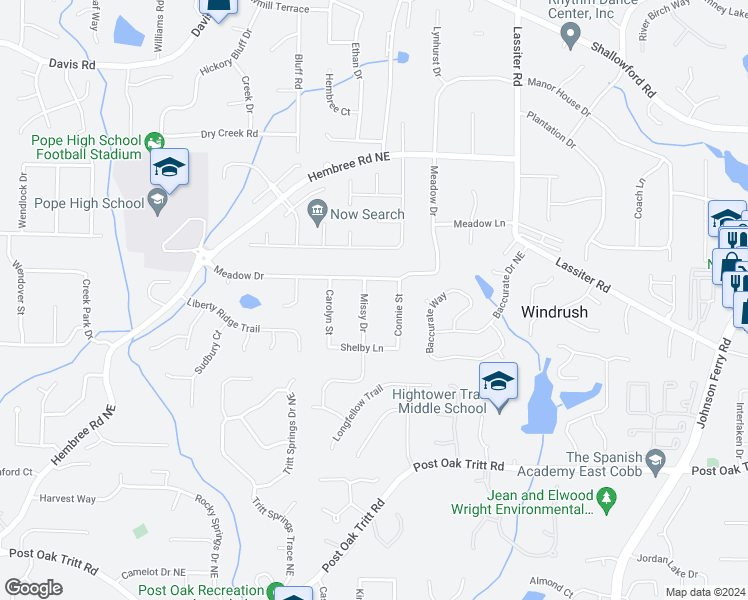 map of restaurants, bars, coffee shops, grocery stores, and more near 2956 Missy Drive in Marietta