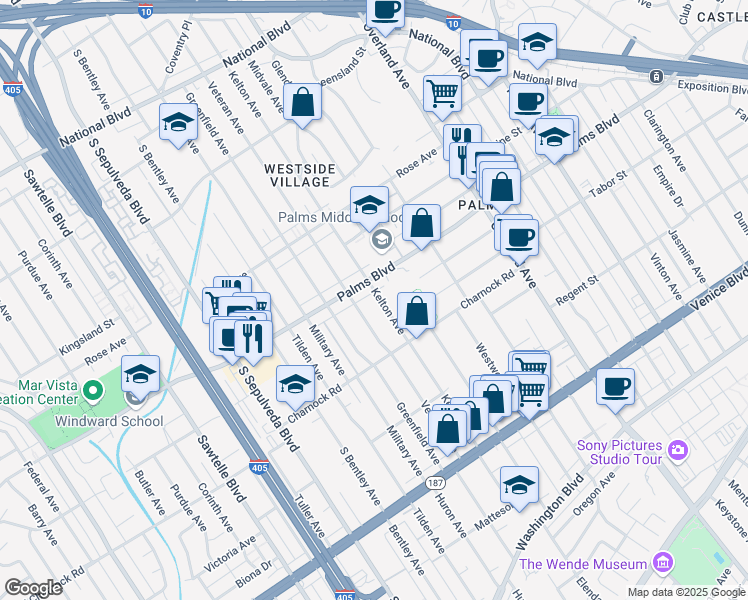 map of restaurants, bars, coffee shops, grocery stores, and more near 3521 Kelton Avenue in Los Angeles