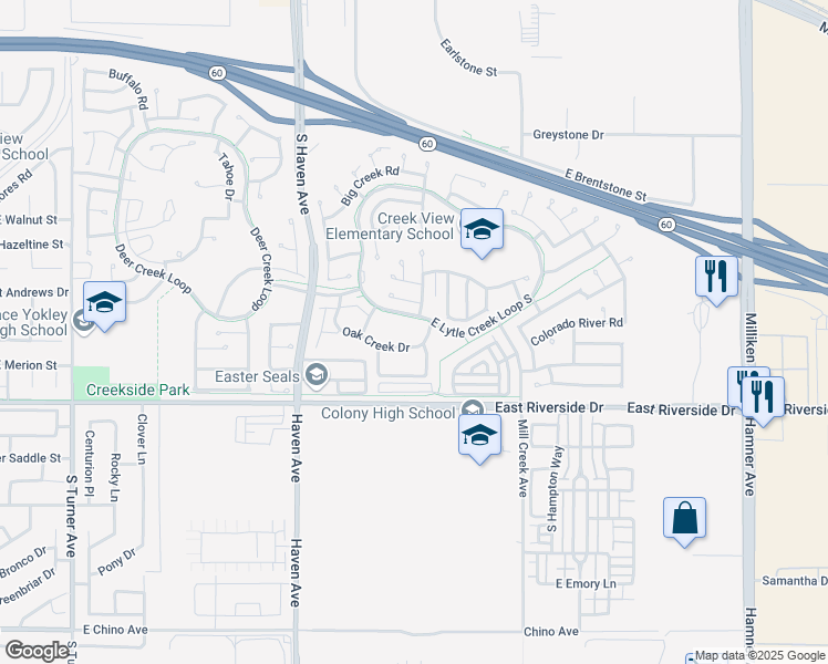 map of restaurants, bars, coffee shops, grocery stores, and more near 3713 Oak Creek Drive in Ontario