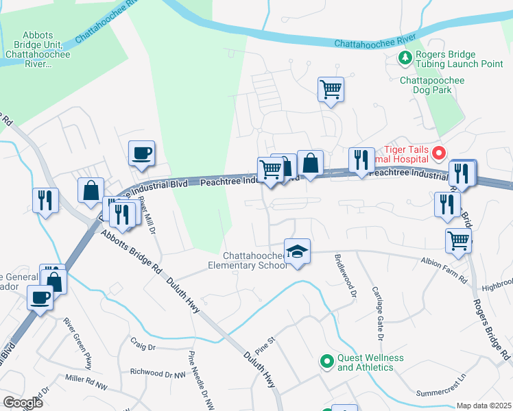 map of restaurants, bars, coffee shops, grocery stores, and more near 4124 Chattahoochee Trace in Duluth