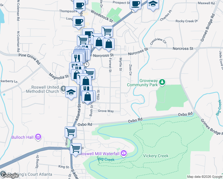 map of restaurants, bars, coffee shops, grocery stores, and more near 141 Hill Street in Roswell