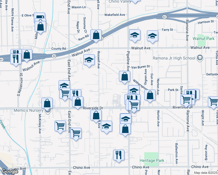 map of restaurants, bars, coffee shops, grocery stores, and more near 12755 Farndon Avenue in Chino