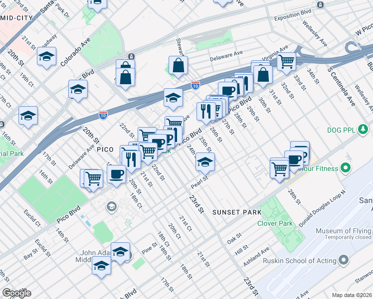 map of restaurants, bars, coffee shops, grocery stores, and more near 2223 24th Street in Santa Monica