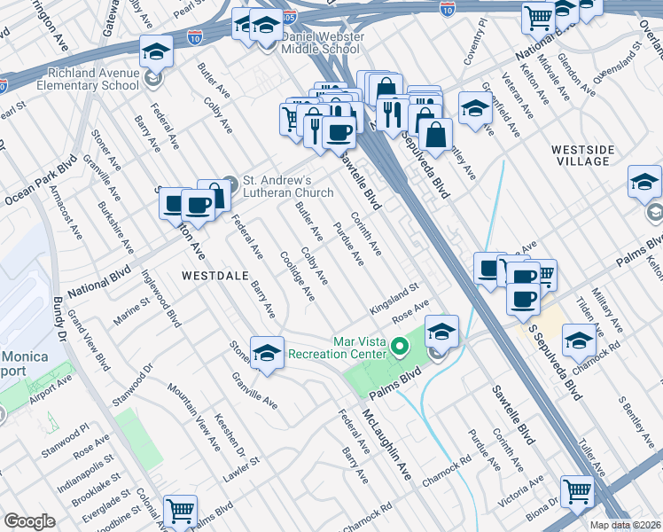 map of restaurants, bars, coffee shops, grocery stores, and more near 3225 Butler Avenue in Los Angeles