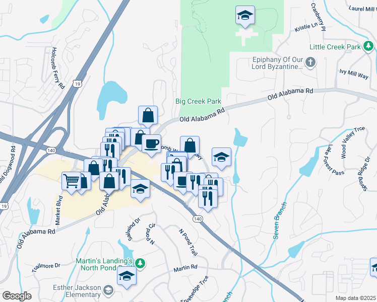 map of restaurants, bars, coffee shops, grocery stores, and more near 1608 Holcomb Woods Parkway in Roswell