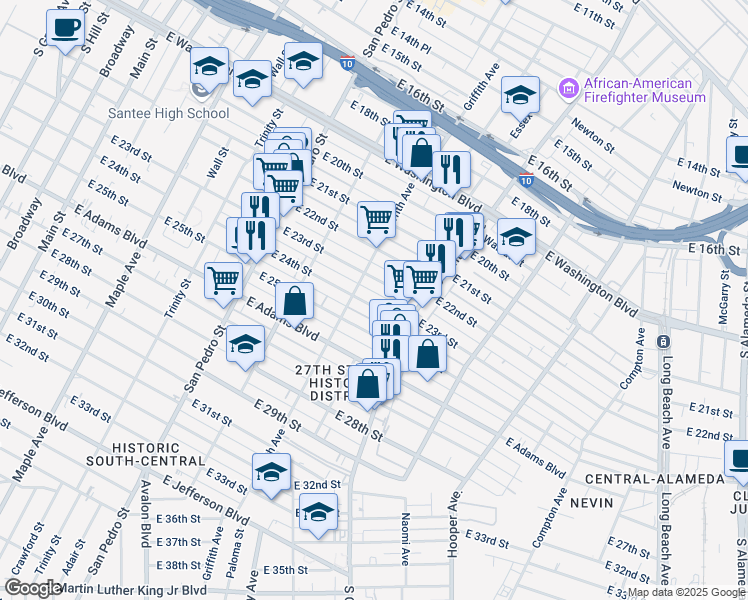 map of restaurants, bars, coffee shops, grocery stores, and more near 1145 East 24th Street in Los Angeles