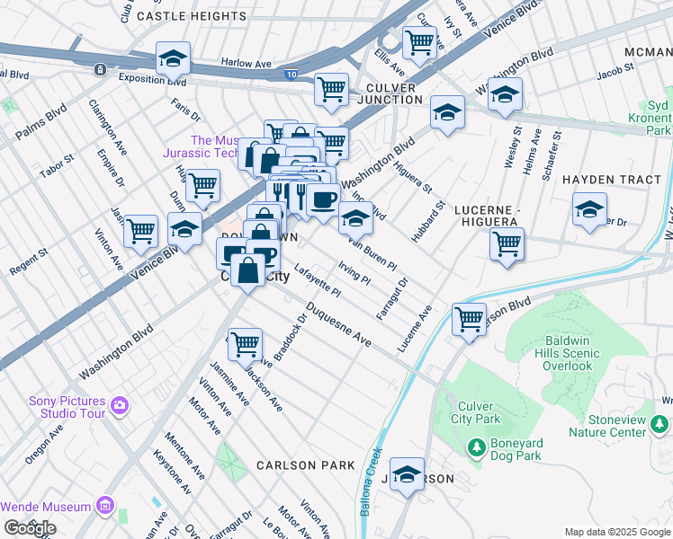 map of restaurants, bars, coffee shops, grocery stores, and more near 9620 Braddock Drive in Culver City
