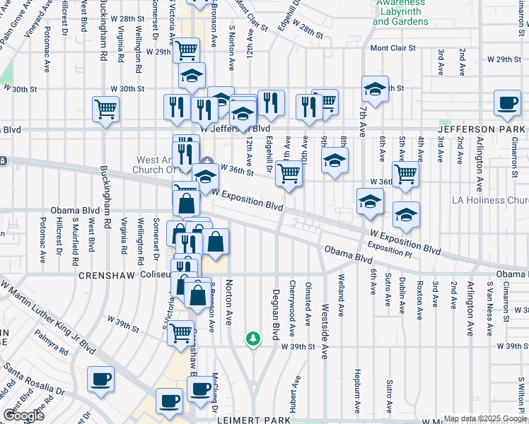 map of restaurants, bars, coffee shops, grocery stores, and more near 3201 West Exposition Place in Los Angeles