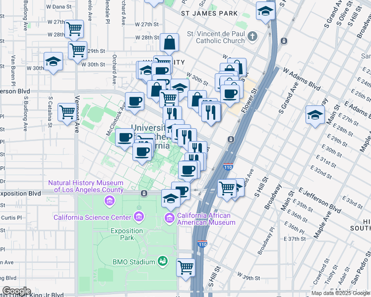 map of restaurants, bars, coffee shops, grocery stores, and more near 642 West 34th Street in Los Angeles