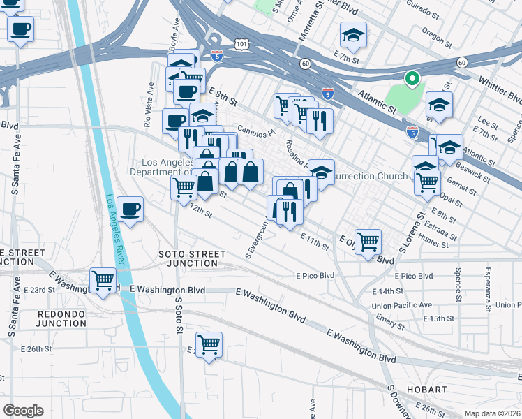 map of restaurants, bars, coffee shops, grocery stores, and more near 2933 East 11th Street in Los Angeles