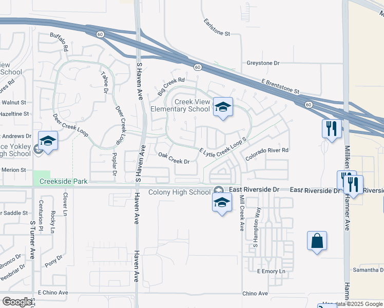 map of restaurants, bars, coffee shops, grocery stores, and more near 3713 Oak Creek Drive in Ontario