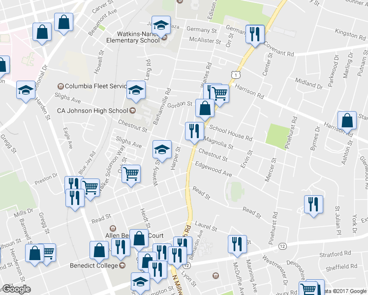 map of restaurants, bars, coffee shops, grocery stores, and more near 2410 Chestnut Street in Columbia