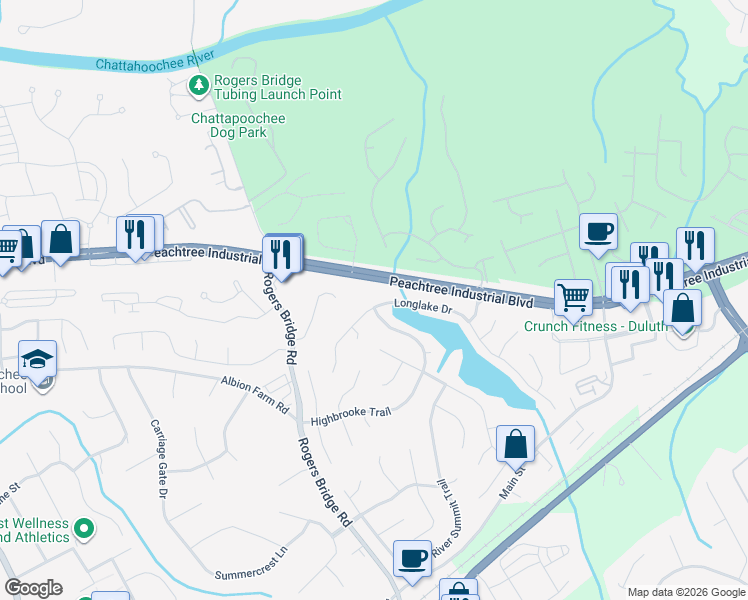 map of restaurants, bars, coffee shops, grocery stores, and more near 4065 Longlake Drive in Duluth