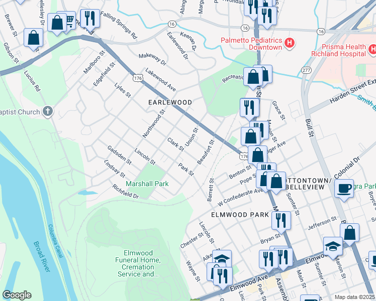 map of restaurants, bars, coffee shops, grocery stores, and more near 2830 Clark Street in Columbia