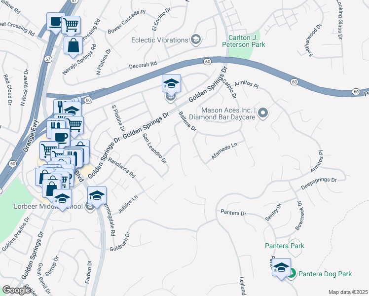 map of restaurants, bars, coffee shops, grocery stores, and more near 412 Covered Wagon Drive in Diamond Bar