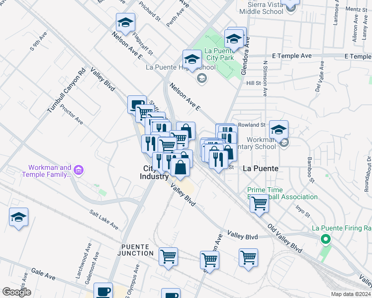 map of restaurants, bars, coffee shops, grocery stores, and more near 15626 Rausch Road in City of Industry
