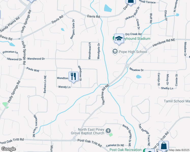 map of restaurants, bars, coffee shops, grocery stores, and more near 2915 Creek Park Drive in Marietta