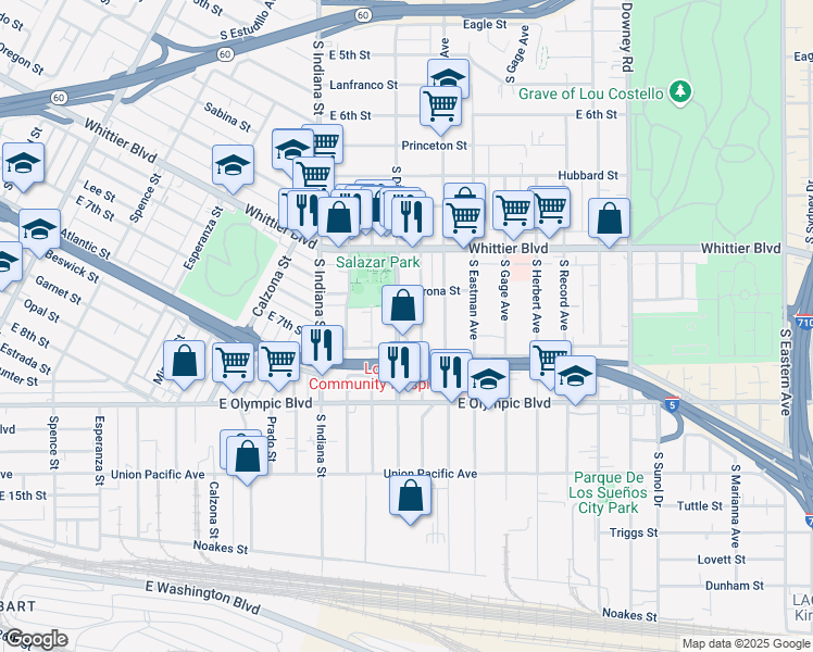 map of restaurants, bars, coffee shops, grocery stores, and more near 1040 South Ditman Avenue in Los Angeles