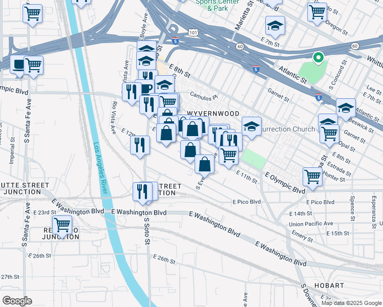 map of restaurants, bars, coffee shops, grocery stores, and more near 2856 East 11th Street in Los Angeles