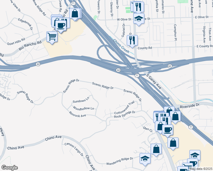 map of restaurants, bars, coffee shops, grocery stores, and more near 2364 Scenic Ridge Drive in Chino Hills