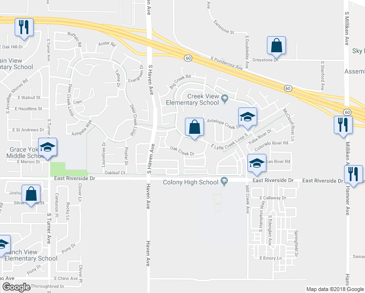 map of restaurants, bars, coffee shops, grocery stores, and more near 2825 South Tuolumne Place in Ontario